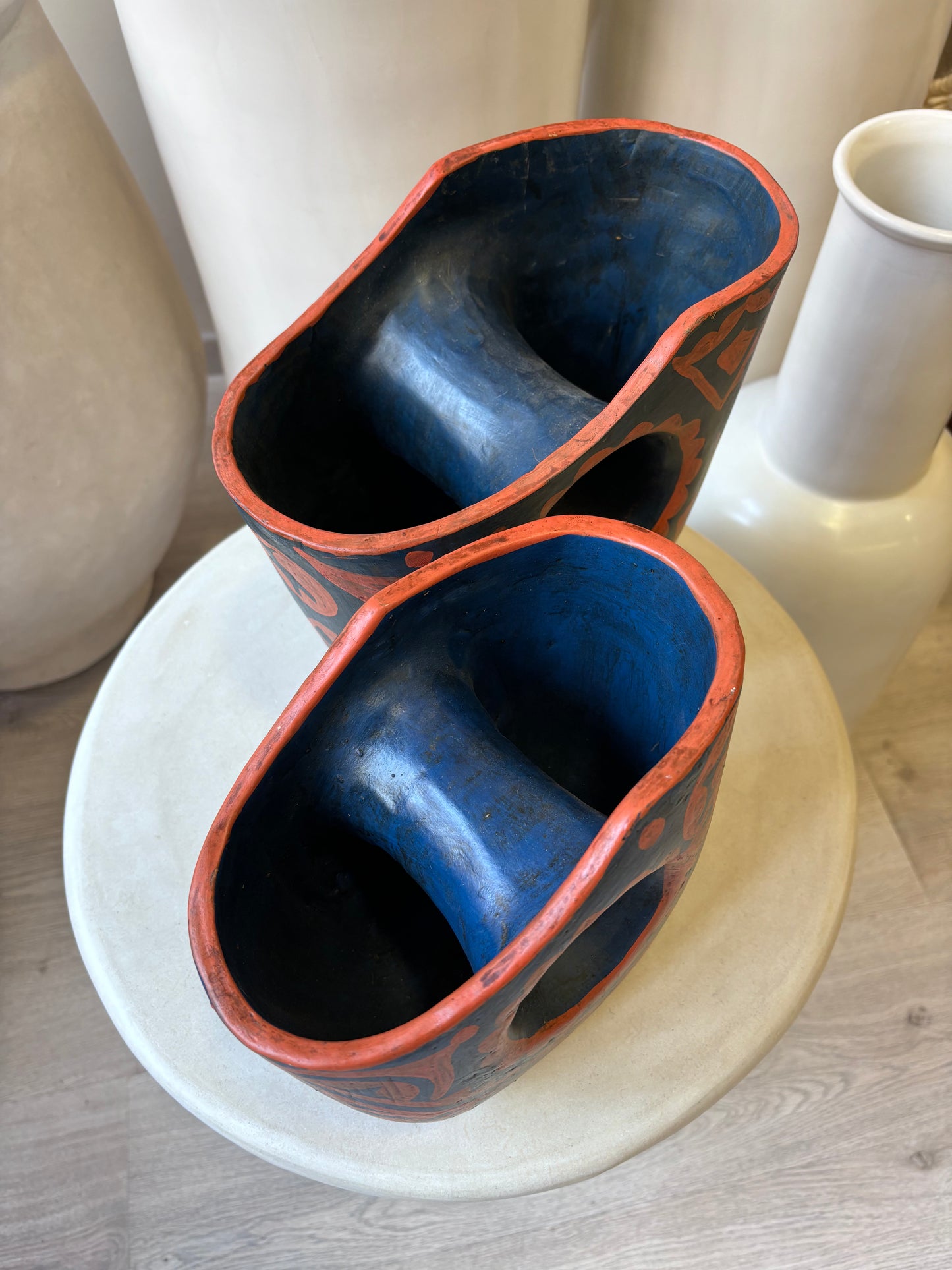Poterie "Berbere" Bleu/orange pour fleurs séchées ou pot pour ustensile de cuisine