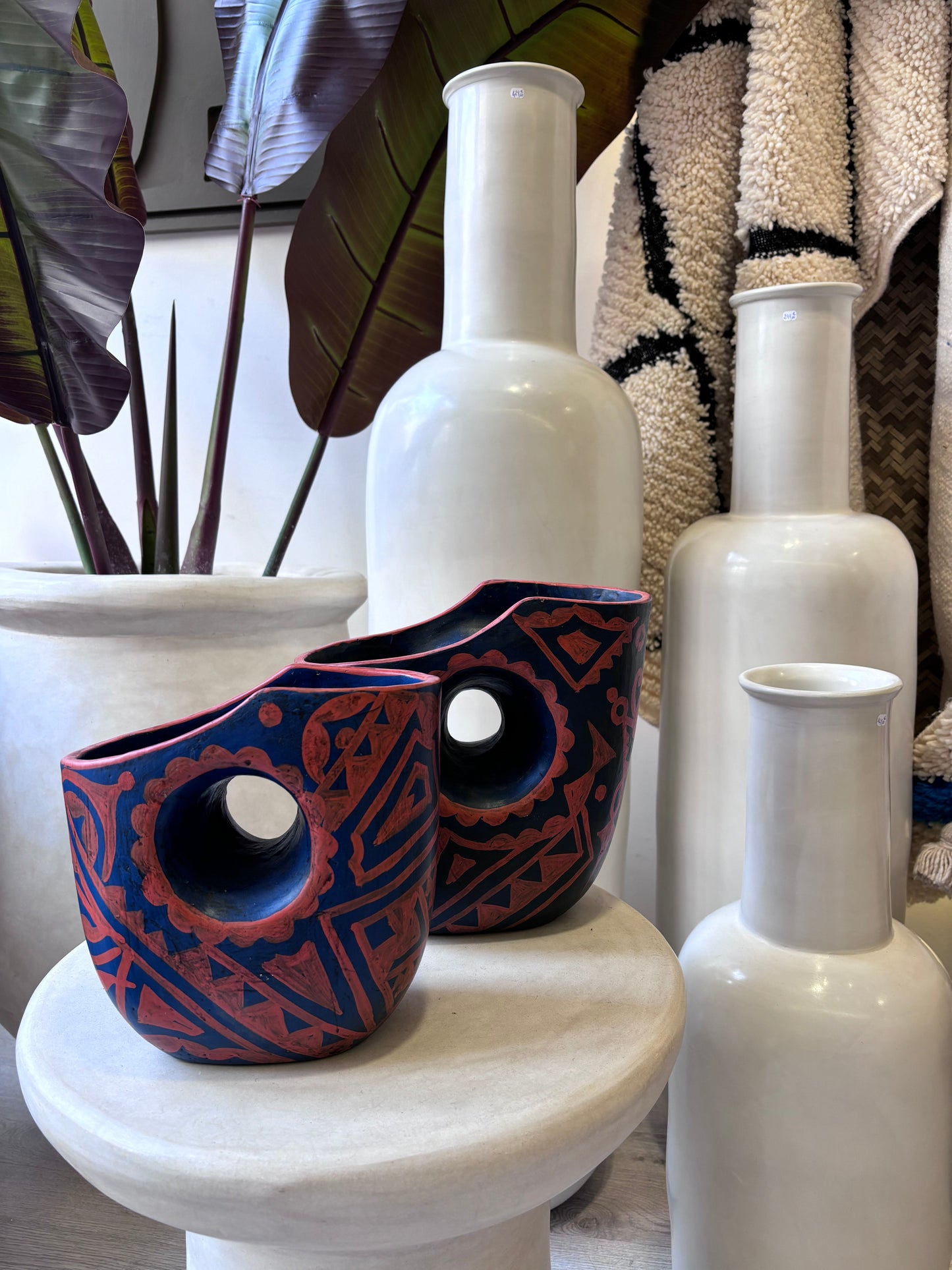 Poterie "Berbere" Bleu/orange pour fleurs séchées ou pot pour ustensile de cuisine