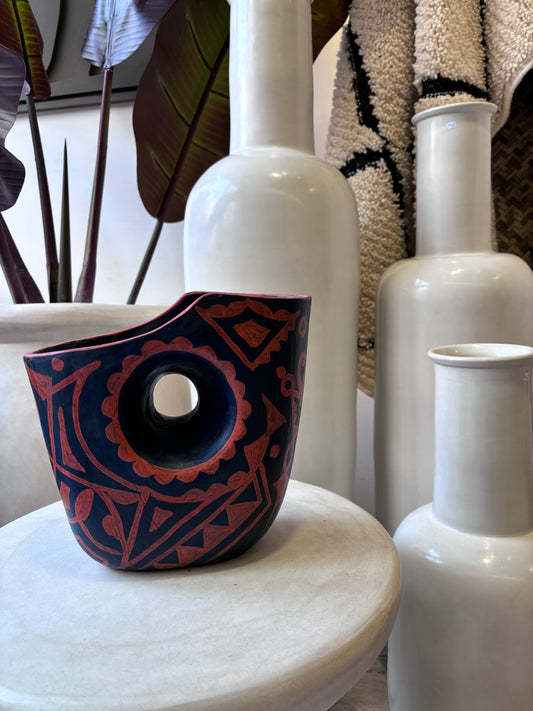 Poterie "Berbere" Bleu/orange pour fleurs séchées ou pot pour ustensile de cuisine